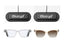 Two black Lucyd charging pads from the Lucyd Bundles Couples Pack sit above two pairs of eyeglasses: Millennia 2024 with clear rectangular frames and Darkside 2024 with beige cat-eye tinted frames—ideal for sharing.