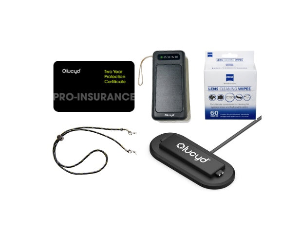 The Lucyd Pro Accessory Kit by Lucyd Bundles includes a two-year frame insurance certificate, black rectangular power bank, Zeiss cleaning wipes, black cord, and sleek black charging dock—save $80!.