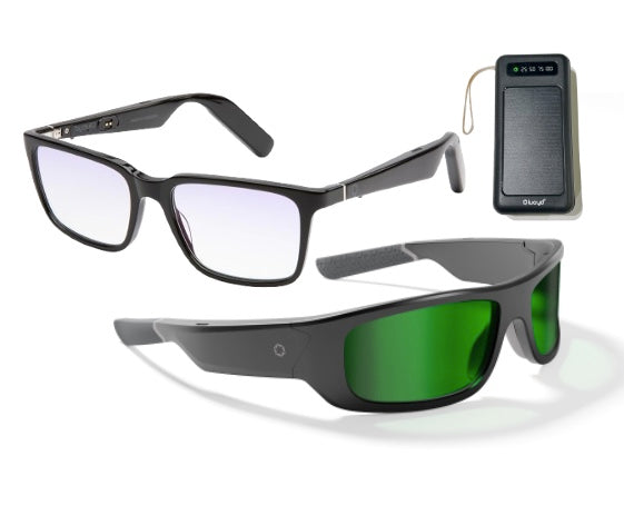 The Lucyd Bundles DadPack—save $110!—features two black glasses (clear and green Darkside photochromic frames) beside a compact black electronic device with display, looped strap, and solar charger.