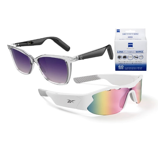 The Lucyd MomPack by Lucyd Bundles features two pairs of sunglasses—one with clear frames and purple lenses, one with white frames and rainbow lenses—alongside a box of 60 Zeiss lens cleaning wipes. Save $115!.