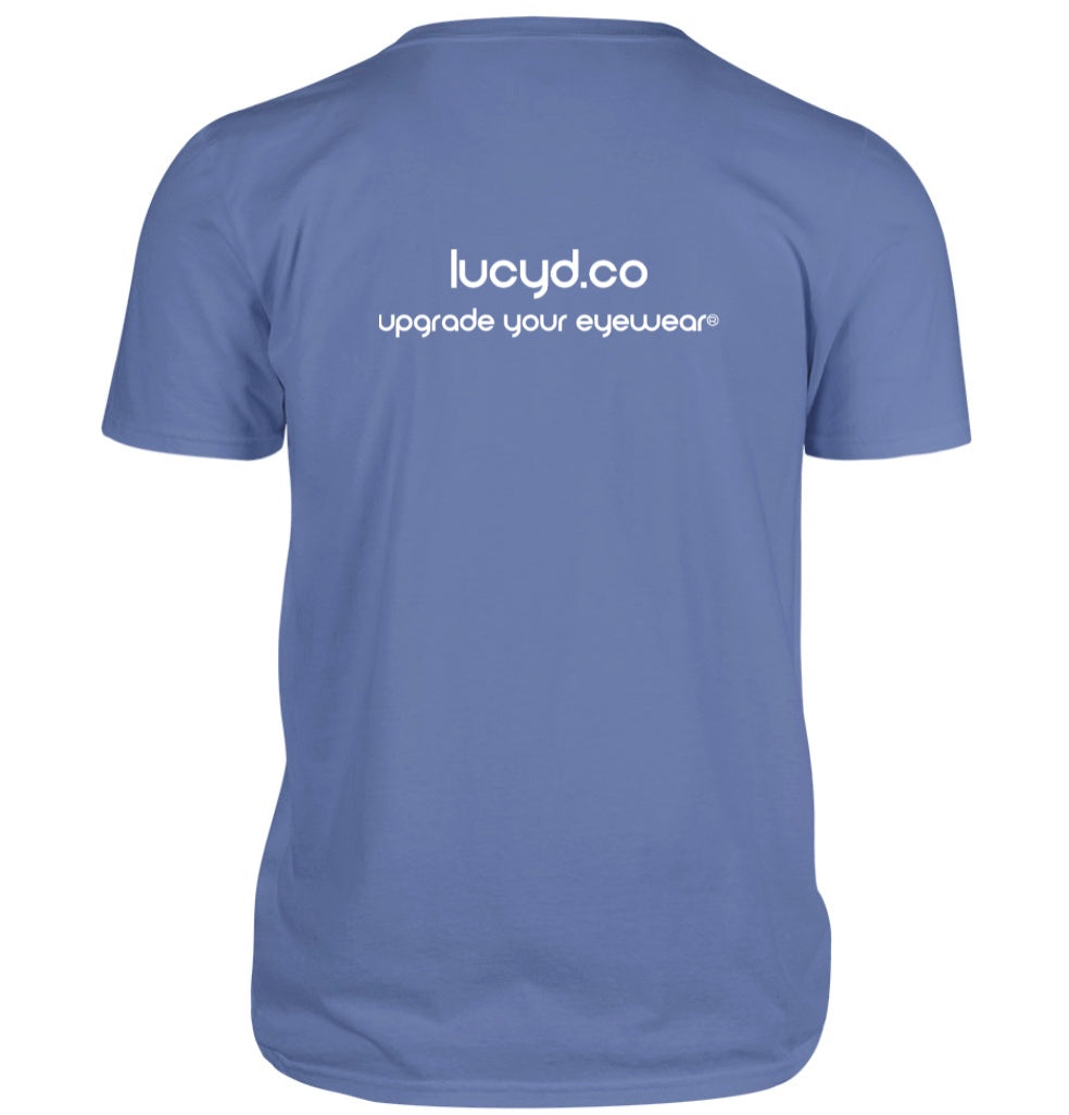 The Lucyd 100% Cotton Tee is a light blue shirt featuring the Lucyd logo and "SMART EYEWEAR" in white on the front—ideal for fans of the innovative Lucyd brand.