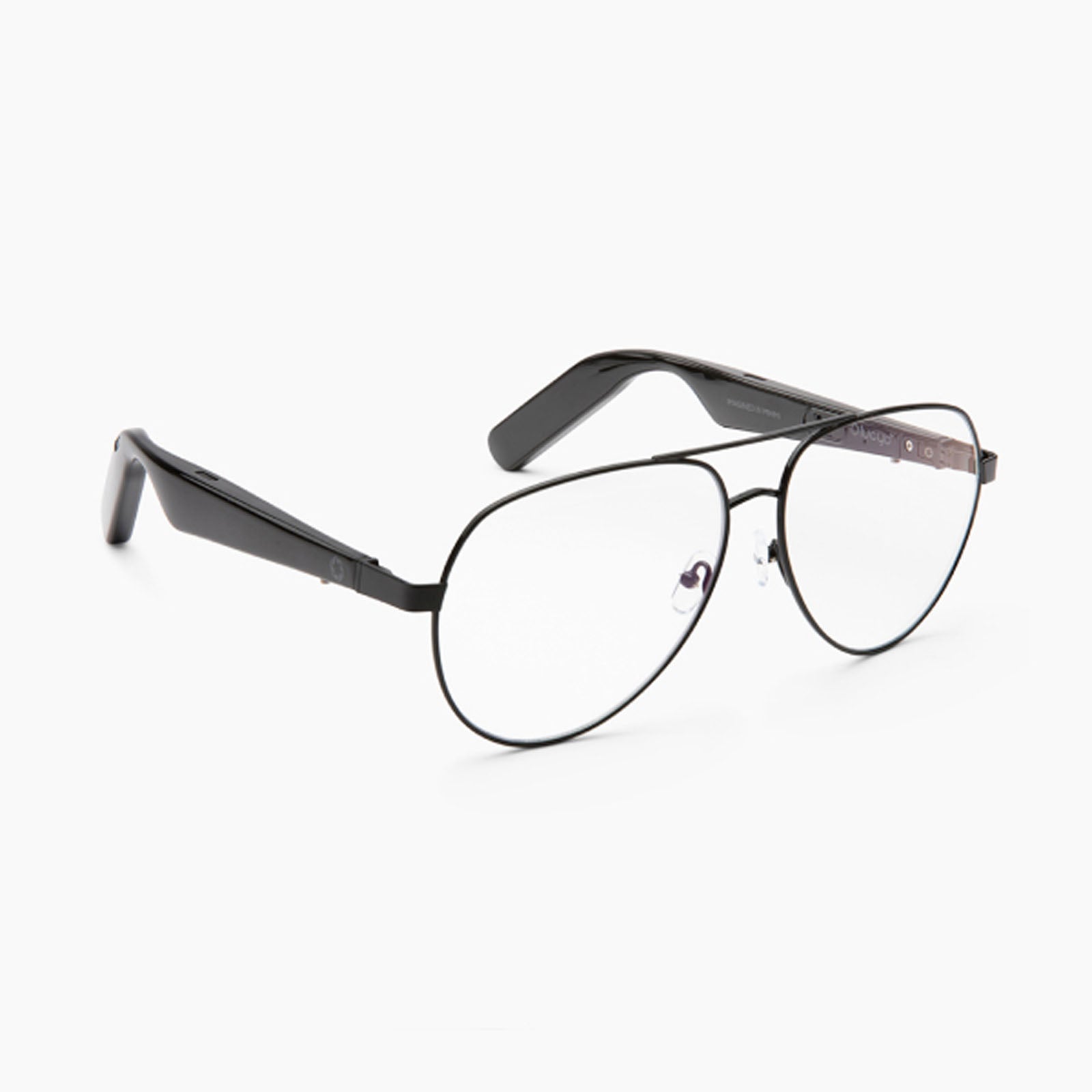 Lucyd XL Antimatter XXL: black, metal-framed aviator eyeglasses with clear lenses and noise-canceling mics, displayed on a white background.