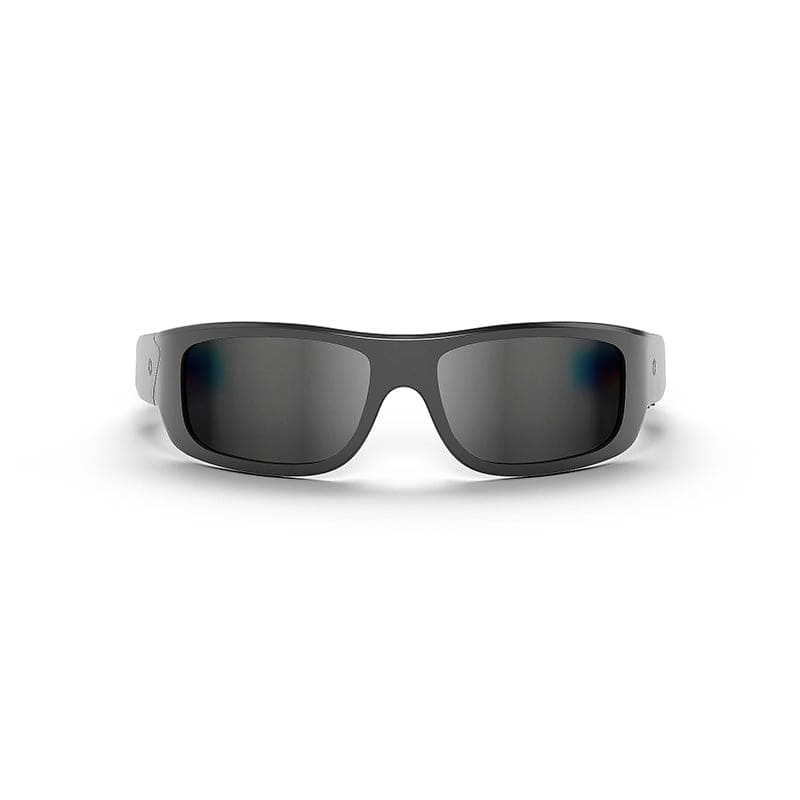 The Lucyd Armor | Black Polarized glasses feature rectangular dark lenses and thick, sturdy black frames for enhanced style and protection, shown from the front against a white background.