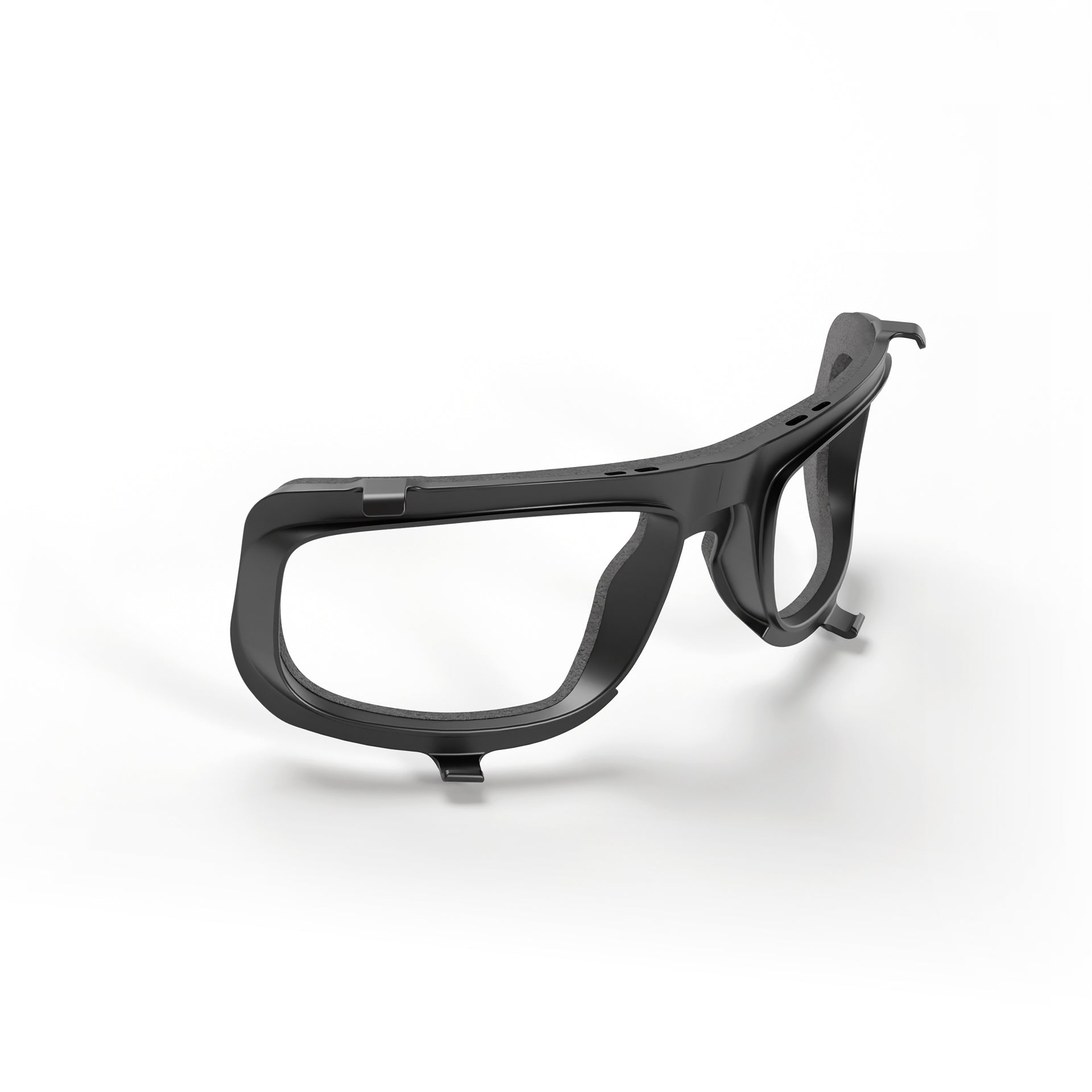 Black plastic eyeglass frames without lenses, featuring a foam-lined seal for enhanced debris protection, are displayed on a white background and angled to show both the front and side. These frames are ideal for integration with the Lucyd Airlock Particle Protection Shield by Lucyd, designed for use with Lucyd Armor.