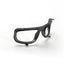 Black plastic eyeglass frames without lenses, featuring a foam-lined seal for enhanced debris protection, are displayed on a white background and angled to show both the front and side. These frames are ideal for integration with the Lucyd Airlock Particle Protection Shield by Lucyd, designed for use with Lucyd Armor.