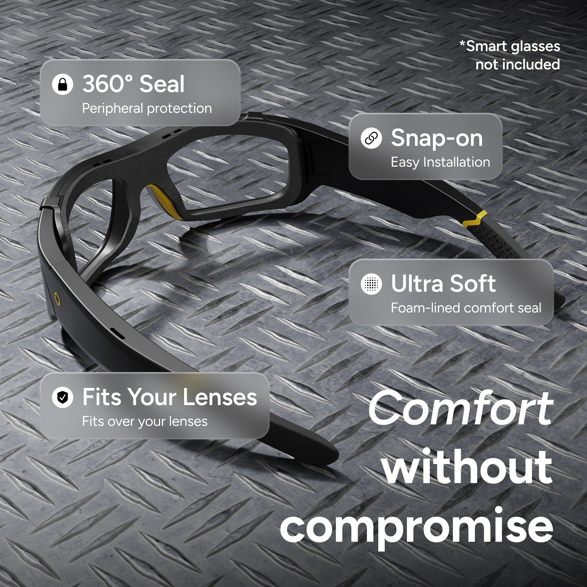 Lucyd Airlock Particle Protection Shield | For Lucyd Armor by Lucyd showcased on a textured metal surface. Text highlights include a 360° foam-lined seal for advanced debris protection, snap-on installation, ultra-soft comfort seal, and full lens compatibility. Please note: smart glasses are not included.
