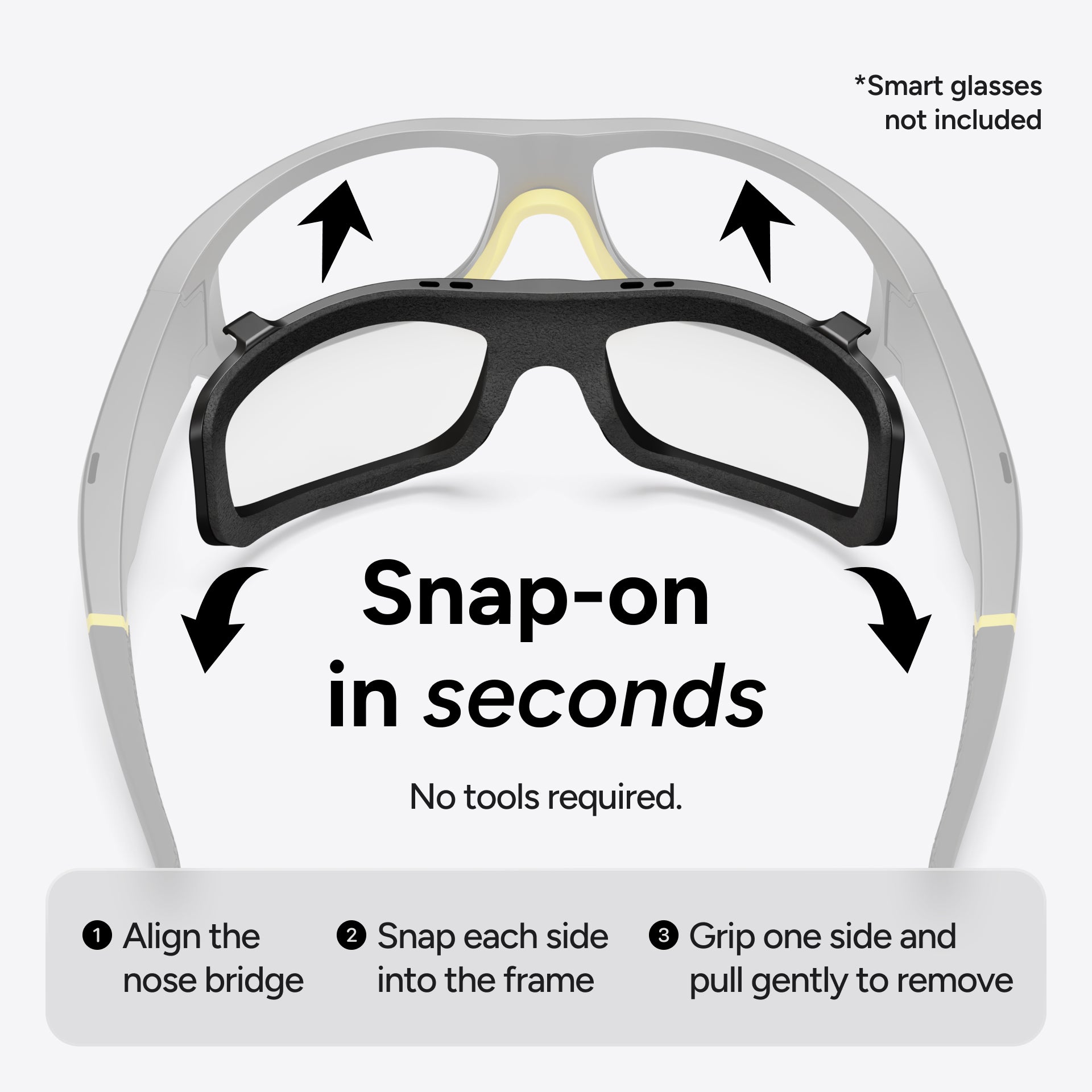 Introducing the Lucyd Airlock Particle Protection Shield for Lucyd Armor — smart glasses in gray and yellow with an insert frame attachment. Enjoy enhanced debris protection thanks to a foam-lined, comfortable seal. The shield snaps on in seconds with no tools needed; simply follow the three illustrated steps and arrows to align, snap in, and remove the insert easily.