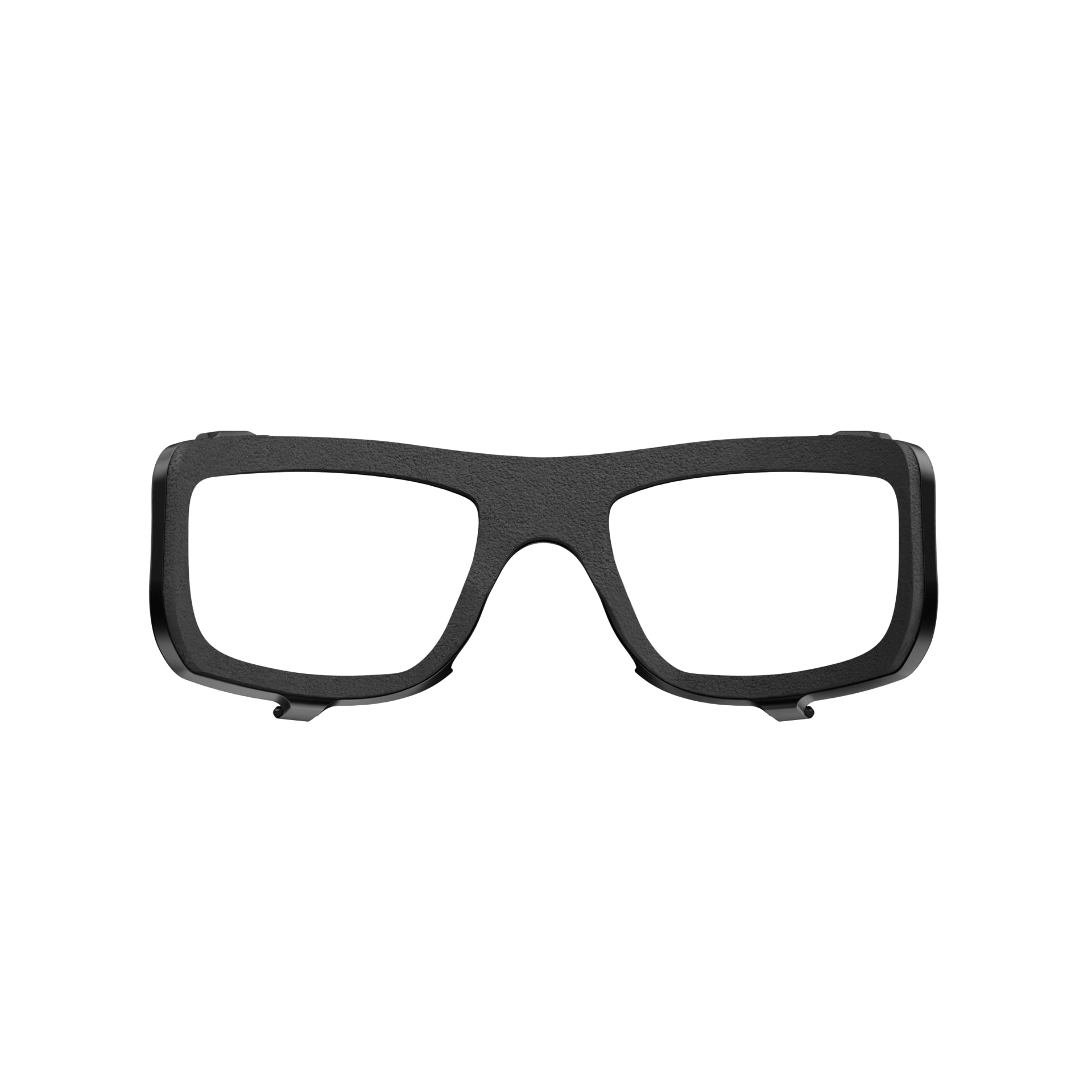 Black rectangular eyeglass frames with no lenses, branded by Lucyd, featuring a foam-lined seal for enhanced debris protection, displayed on a white background. Designed for use with the Lucyd Airlock Particle Protection Shield | For Lucyd Armor.