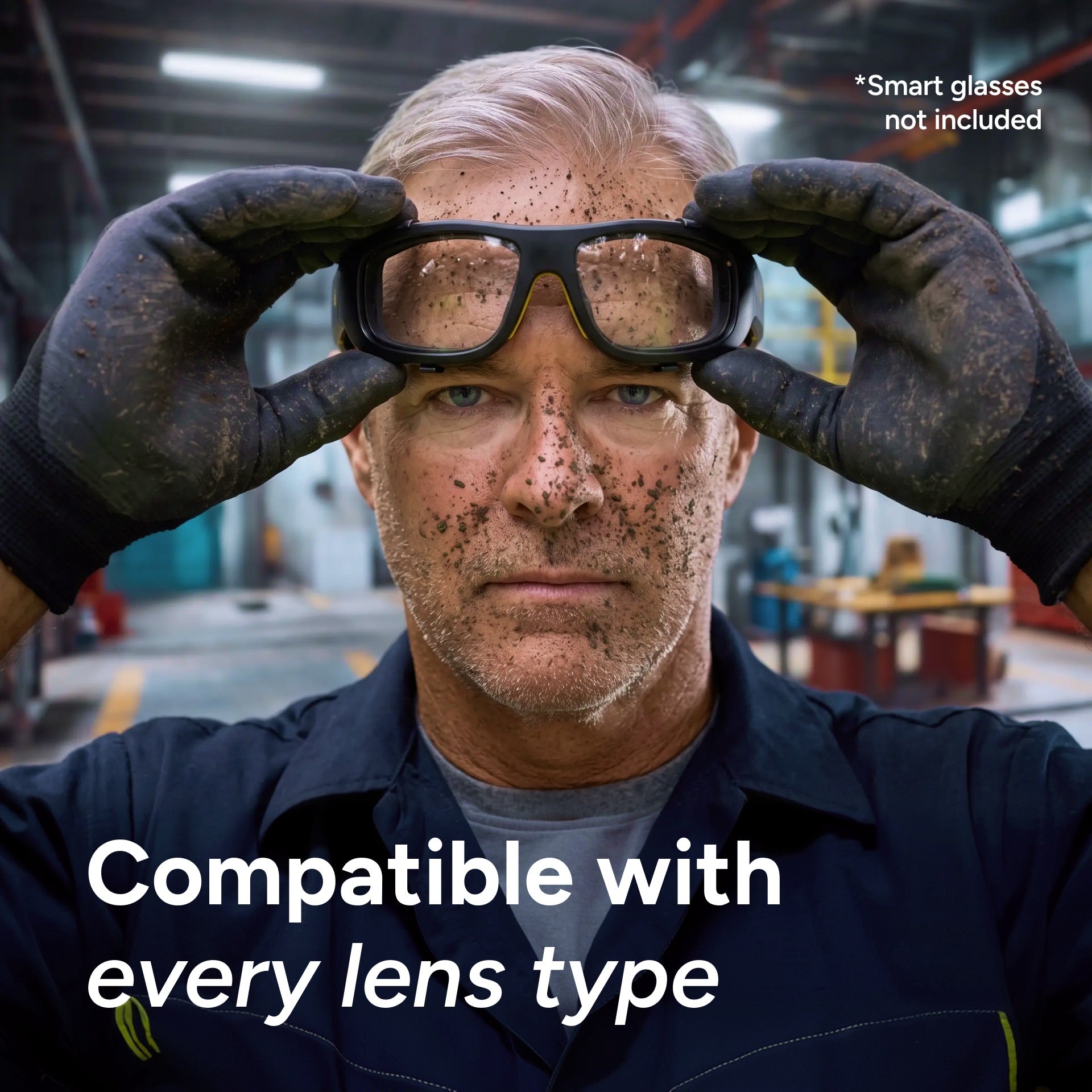 A man in work gloves and safety gear, with dirt on his face, holds up the Lucyd Airlock Particle Protection Shield for Lucyd Armor smart glasses, featuring a foam-lined seal for enhanced debris protection. Text reads: Compatible with every lens type. Smart glasses not included.
