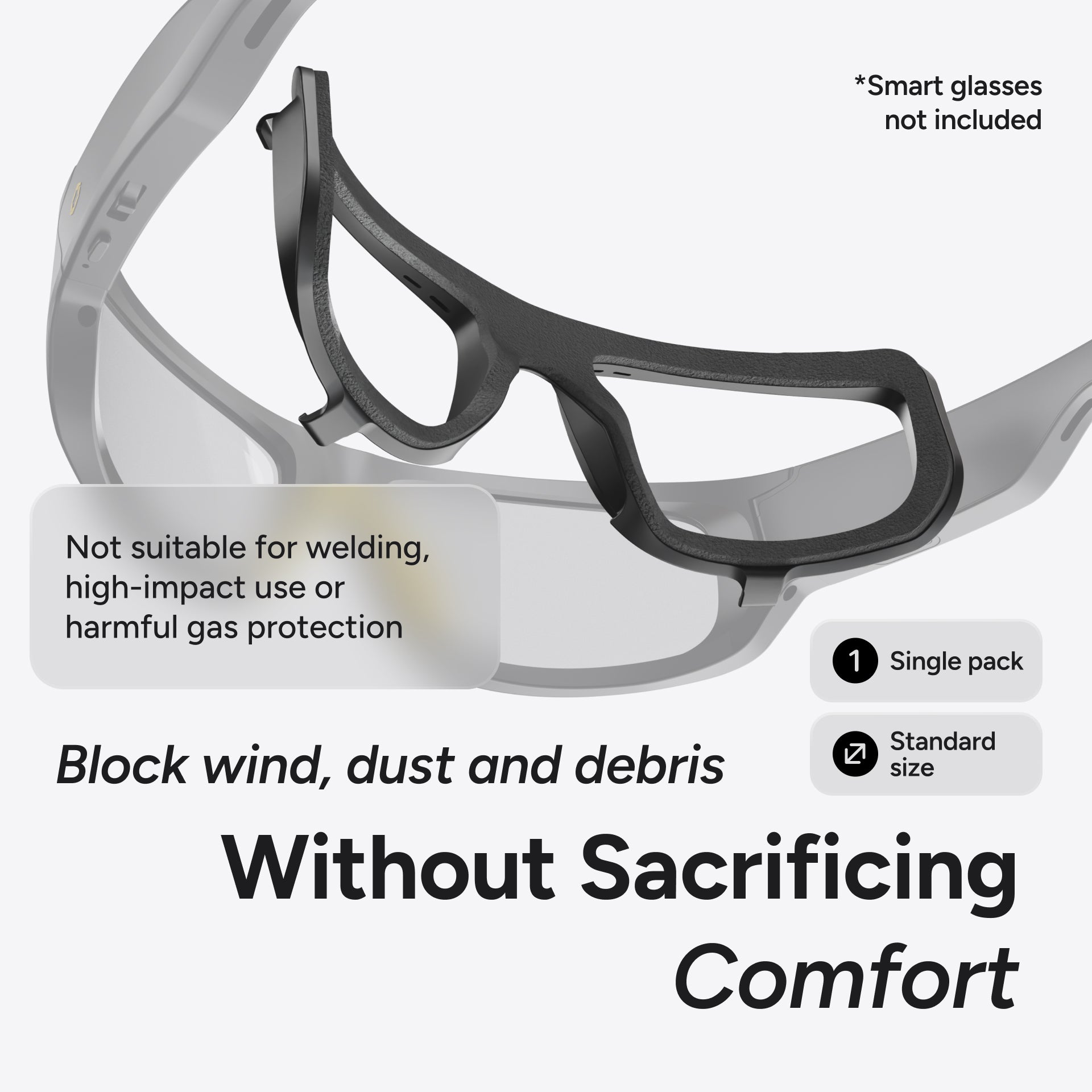 Lucyd Airlock Particle Protection Shield by Lucyd, shown in black plastic as a close-up insert for Lucyd Armor smart glasses. Text highlights its design for blocking wind, dust, and debris. This single pack features a foam-lined seal for comfort, offers a standard size fit, and provides reliable protection—please note safety limitations.