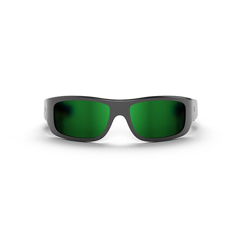 The Lucyd Armor | Green Mirror Polarized sunglasses, featuring black wraparound frames and green-tinted mirror polarized lenses, are shown from the front against a plain white background.
