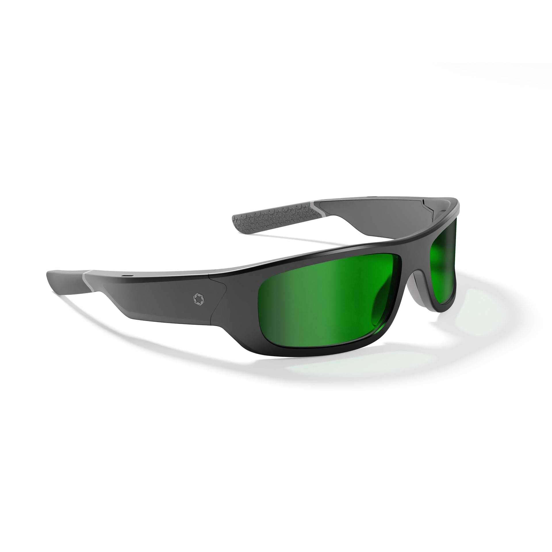 Lucyd Armor Green Mirror Polarized - Black wraparound Z87.1 safety glasses with green mirror lenses