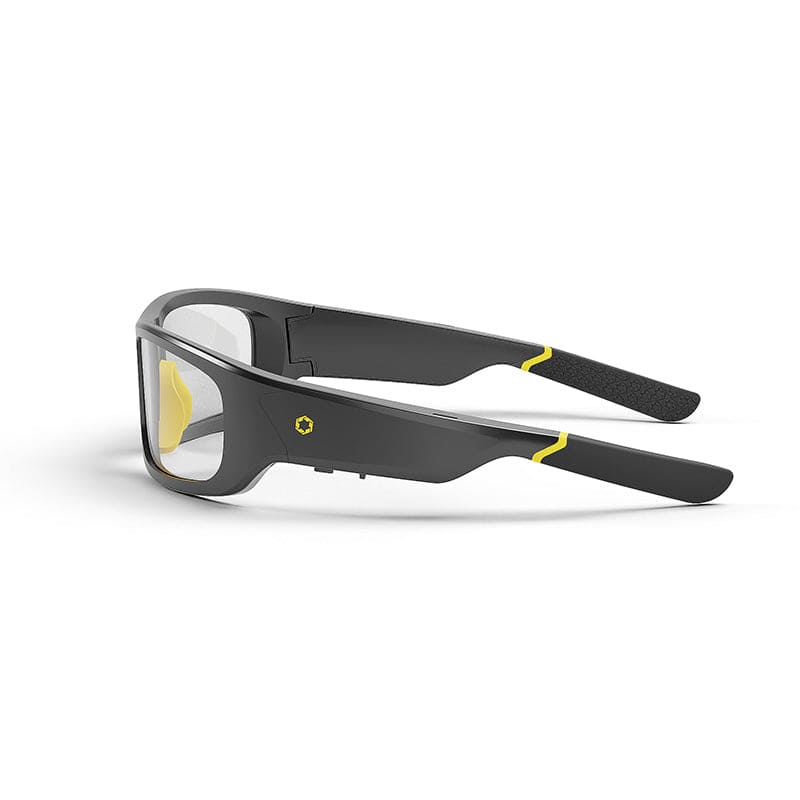 The Lucyd Armor | Photochromic by Lucyd features black and yellow sports frames with clear UV400 polarized lenses, black arms with yellow accents and textured tips, shown on a white background at a three-quarter rear angle.