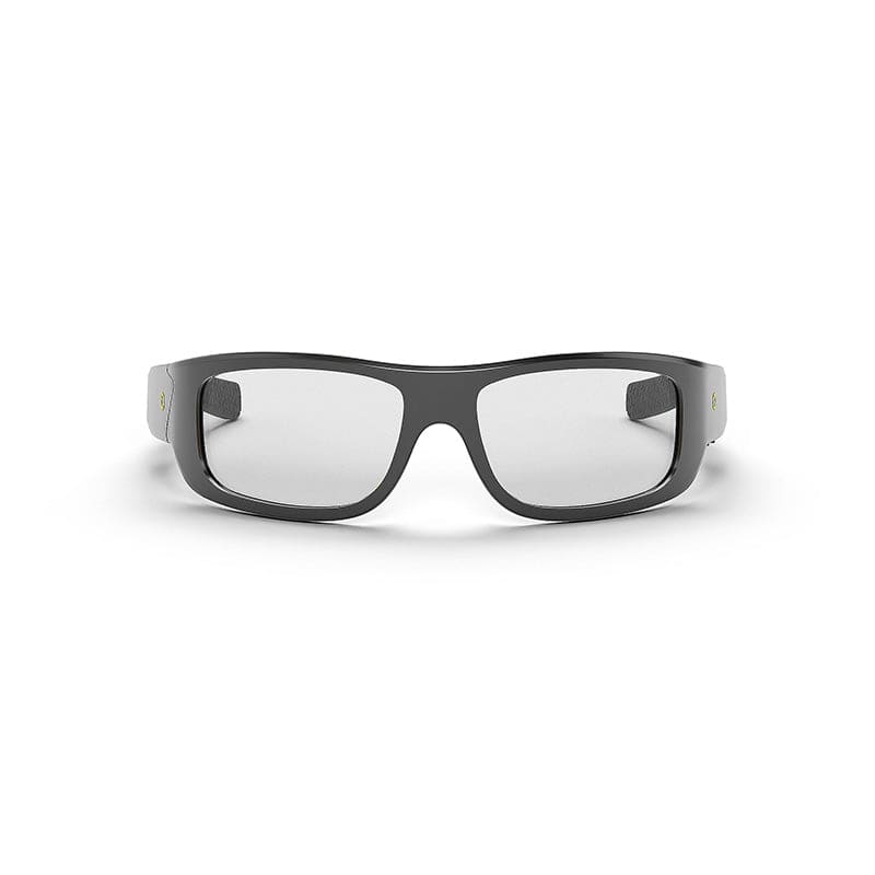 Front view of Lucyd Armor | Photochromic black rectangular eyeglasses with thick frames and clear UV400 polarized photochromic lenses by Lucyd, isolated on a white background.
