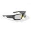 Lucyd Armor Photochromic - Perspective view of Z87.1 safety glasses with clear wraparound lenses and black/yellow accents