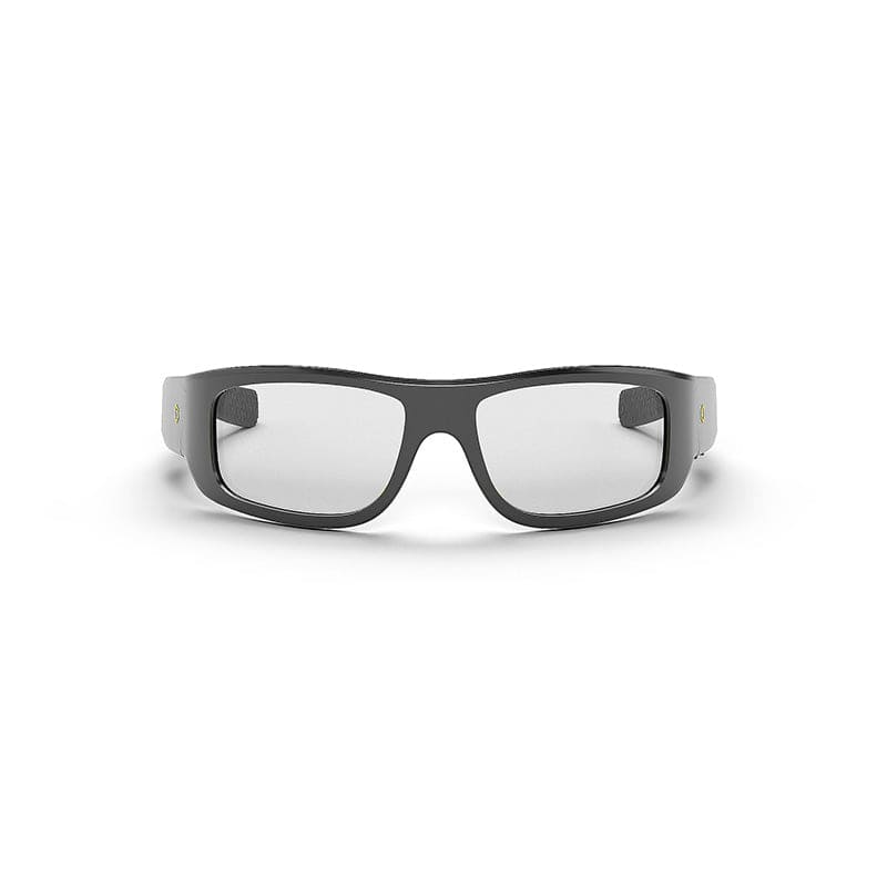 The Lucyd Armor | Slim Photochromic are rectangular black Bluetooth audio glasses with clear lenses, shown front-facing on a white background. Their thick, slightly curved frames blend sleek style and smart technology for daily use.