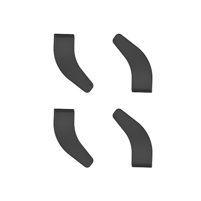 Four black Lucyd Boosters by Lucyd, designed for Lucyd Armor and Reebok, are arranged in a square on a white background, each L-shaped piece positioned with its bend facing outward from the center.