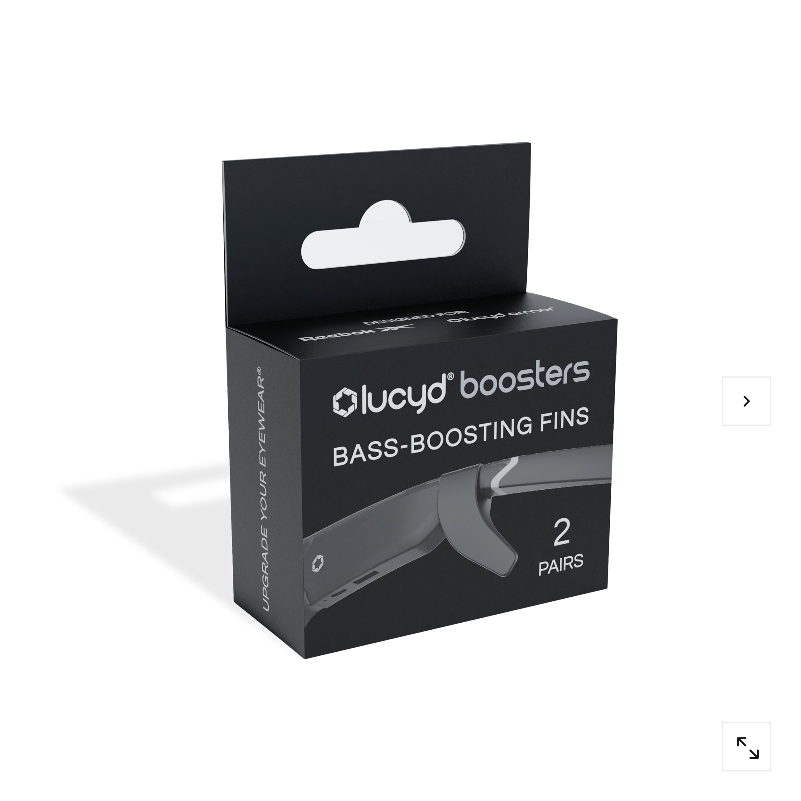 A black box labeled "Lucyd Boosters | For Lucyd Armor and Reebok" by Lucyd, designed for smart glasses. Contains 2 pairs of fins, features an image of the fins, and includes a hang tab at the top.