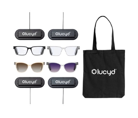 The Family Upgrade Pack by Lucyd Bundles includes four stylish sunglasses, four black Lucyd-branded cases, and a black Lucyd tote bag, all arranged on a white background.
