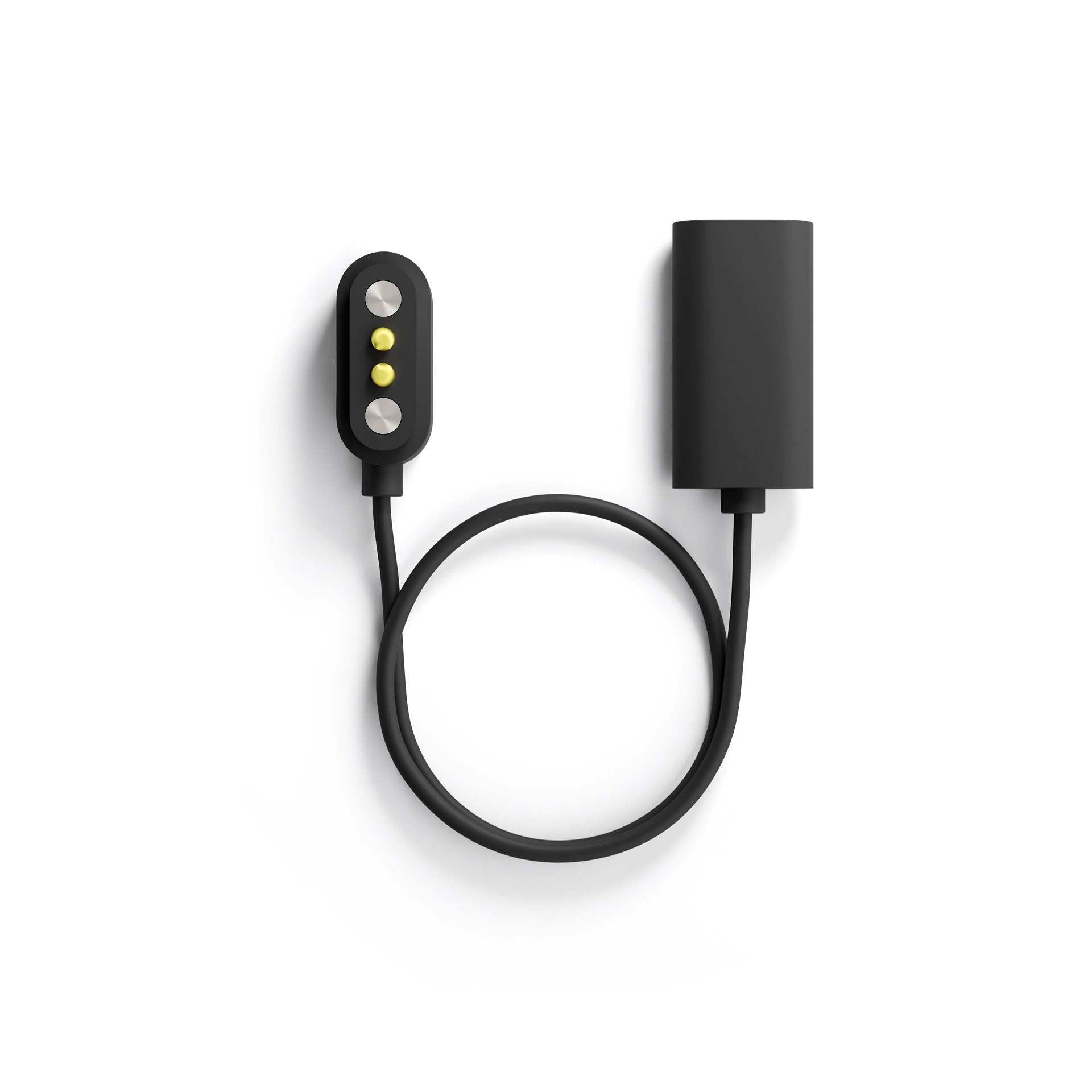 The Lucyd USB-C Magnetic Charging Cable for Armor & Reebok Sport, featuring a cylindrical power adapter and flat connector with two silver and two yellow contacts, is shown on a white background.