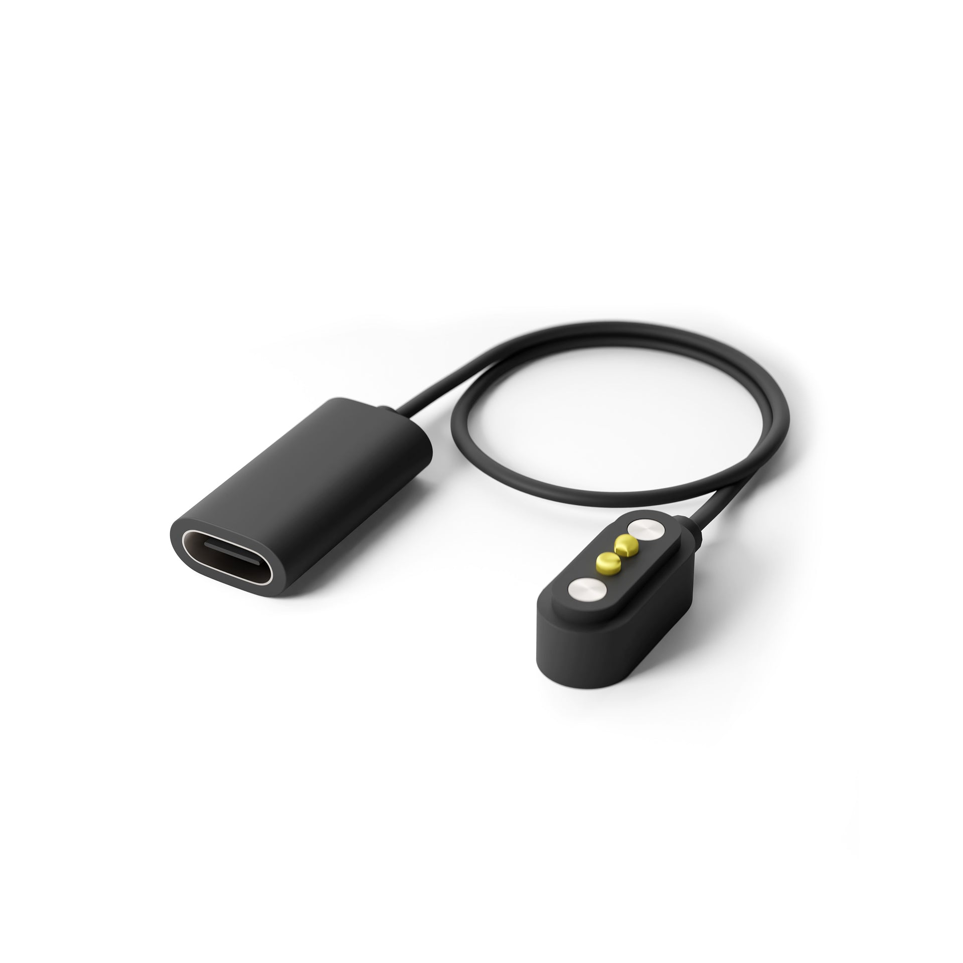 The Lucyd USB-C Magnetic Charging Cable for Armor & Reebok Sport, featuring a cylindrical power adapter and flat connector with two silver and two yellow contacts, is shown on a white background.
