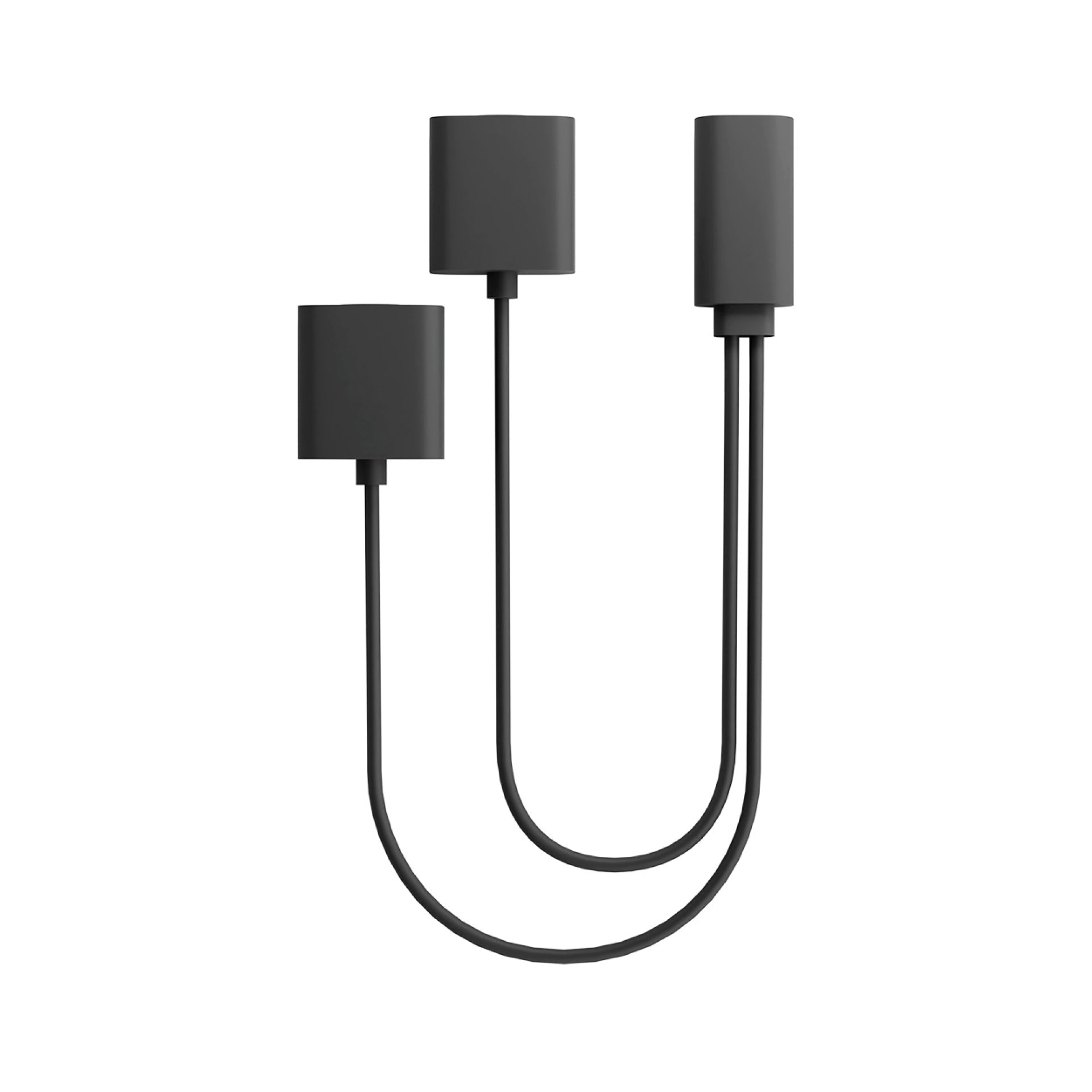 Minimalist black wall-mounted lamp with three cylindrical light fixtures connected by curved rods, displayed against a white background—an ideal modern accent piece for spaces equipped with innovative accessories such as the Lucyd USB-C Magnetic Charging Cable designed for Reebok Smart Eyeglasses.