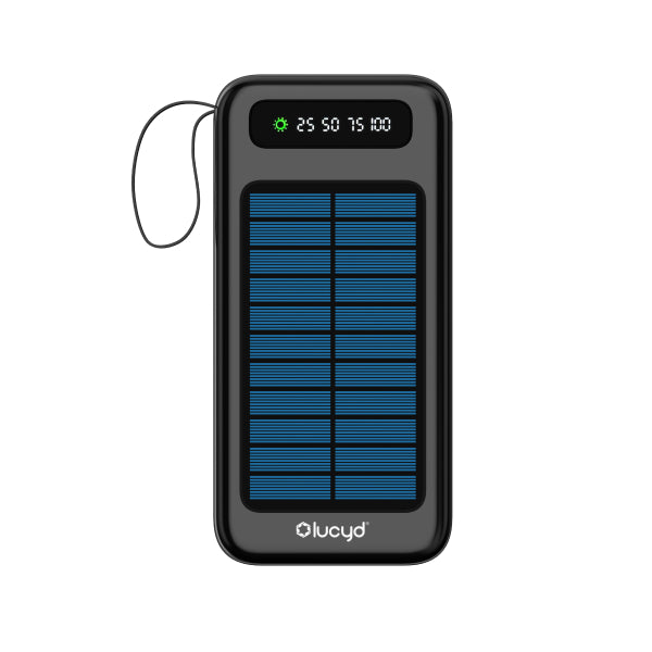 The Lucyd Juicebox Solar Power Bank | 20,000 mAh by Lucyd is a black portable charger with a blue solar panel on the front, a display screen showing battery percentage, and a handy carrying loop on the side.