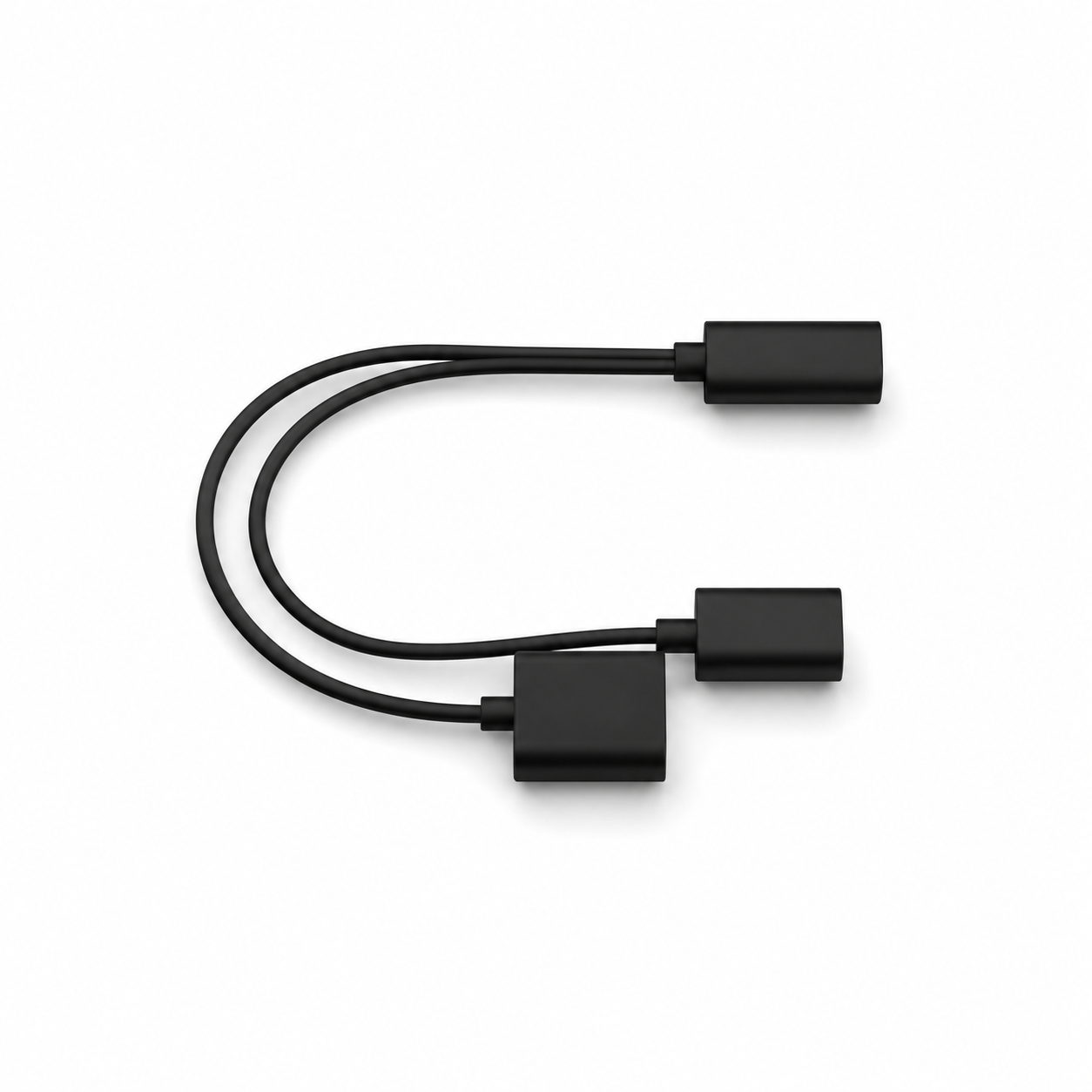 A black Lucyd USB-C Magnetic Charging Cable for Reebok Smart Eyewear, Y-shaped with one connector splitting into two rectangular ends, is displayed on a white background.
