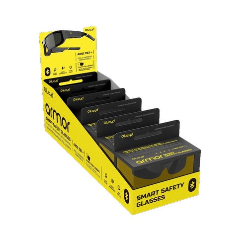 The Lucyd Bundles Armor 6-pack includes multiple pairs of safety smart glasses, each in its own package inside a yellow and black display box featuring bold text, a glasses graphic, and highlights of their ANSI-certified protection.