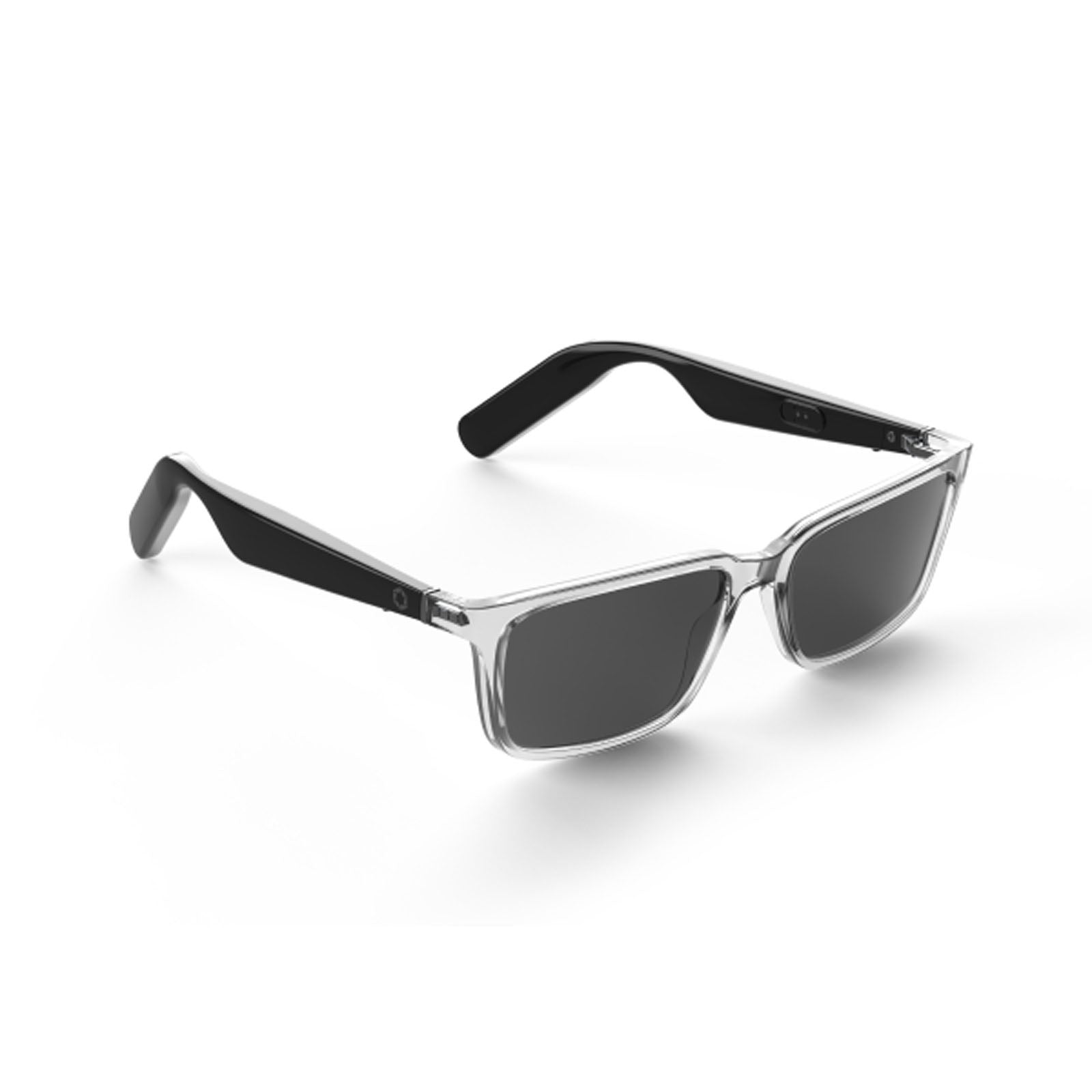The Lucyd Eclipse are modern smart eyewear sunglasses featuring clear frames, black arms, and dark rectangular lenses, displayed on a white background.