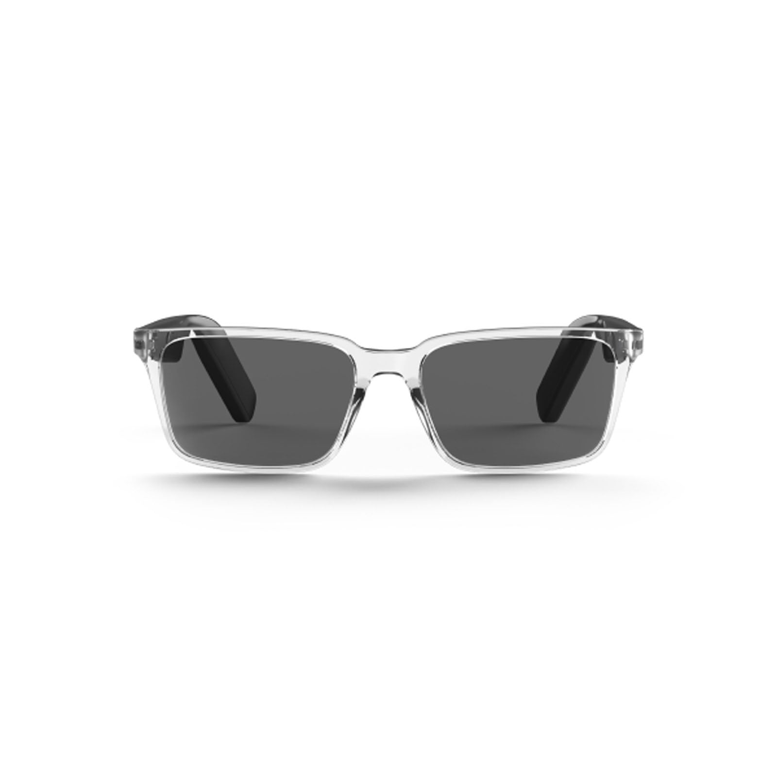 Lucyd Eclipse smart eyewear sunglasses with rectangular clear frames, dark lenses, and black arms are displayed against a white background.