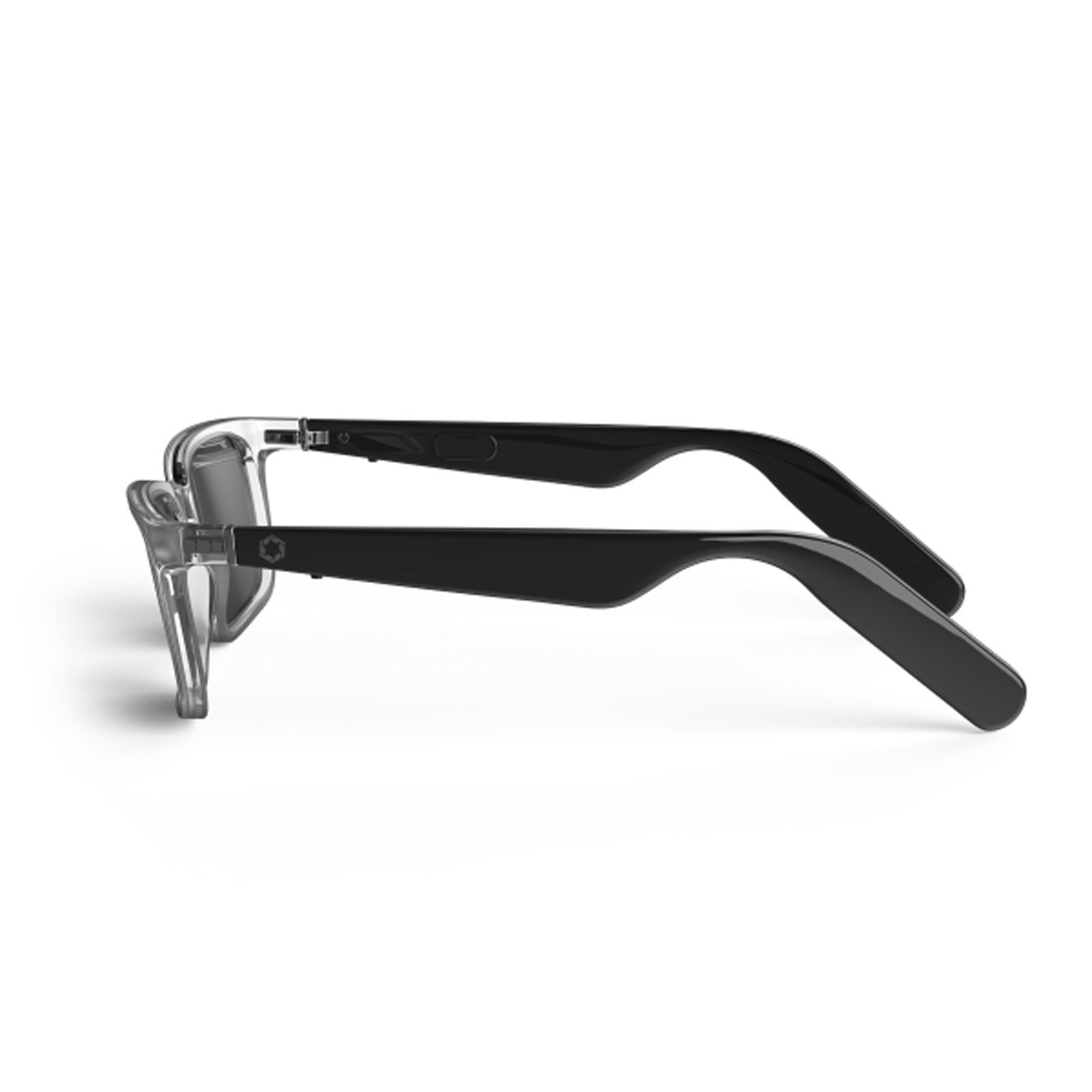 The Lucyd Eclipse smart eyewear features thick black arms and a clear frame, displayed from the side against a white background.