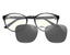 A pair of blue, round eyeglasses is displayed behind detachable Chemistrie® Clip-on Lenses by LUCYD EYEWEAR. The eyeglass model and size are visible on the inside of the frame.