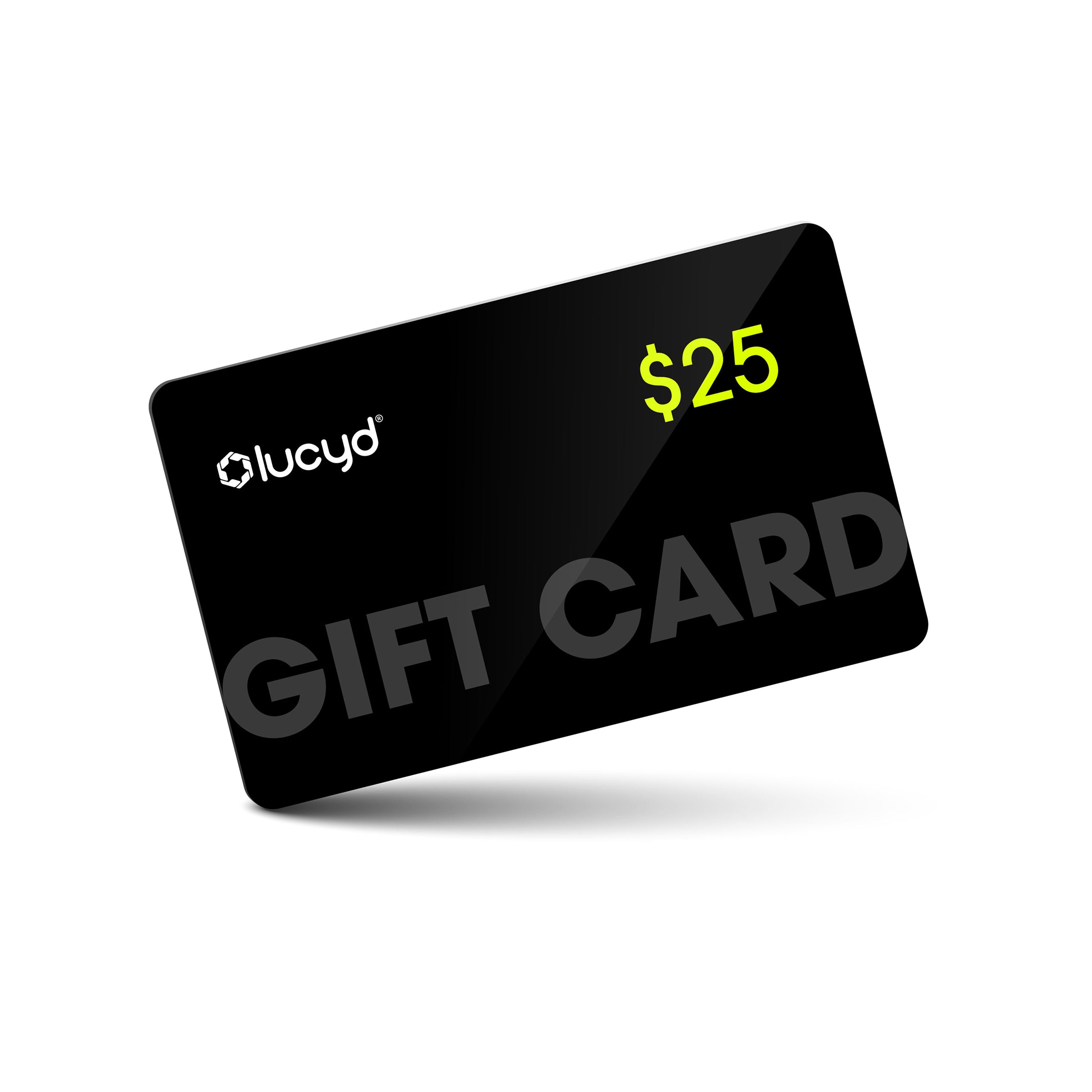 The Lucyd Eyewear Gift Card by Lucyd offers $25 in stylish green, featuring bold gray "GIFT CARD" text—great for eyewear and clear vision. Displayed on a white background with a subtle shadow for a modern look.