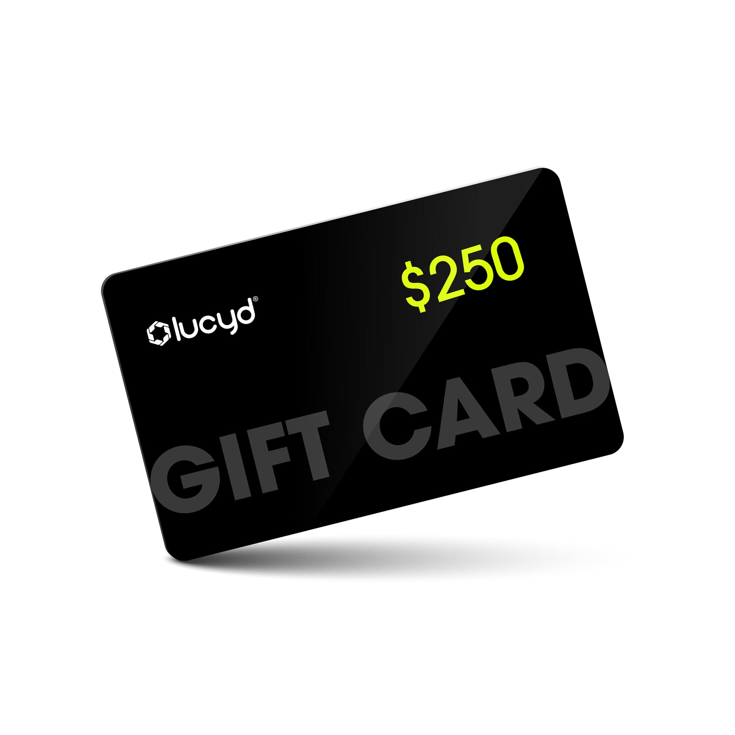 The Lucyd Eyewear Gift Card features $250 in bright yellow-green text and "GIFT CARD" in bold gray letters on a black card—an ideal eyewear gift from Lucyd for anyone seeking clear vision.