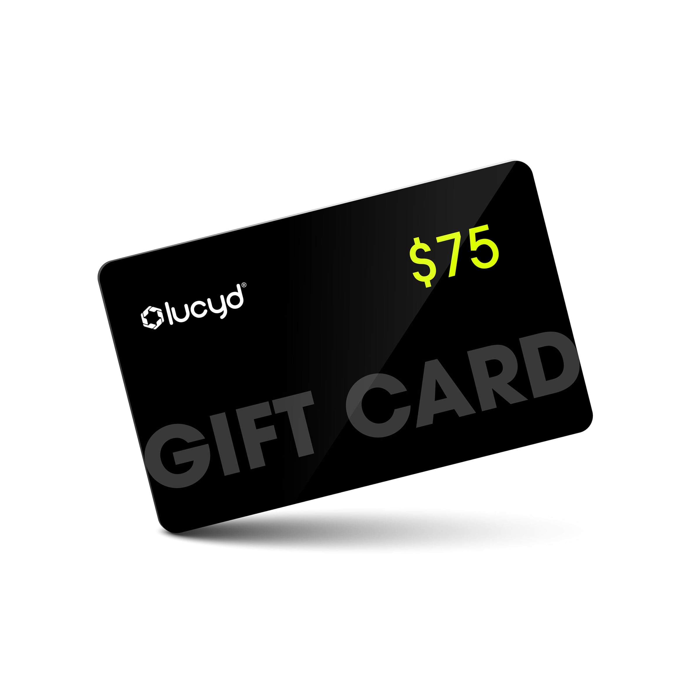 The Lucyd Eyewear Gift Card by Lucyd features a sleek black design, $75 in yellow-green at the top right, and "GIFT CARD" in large gray letters—an ideal eyewear gift, displayed on a white background with a subtle shadow.