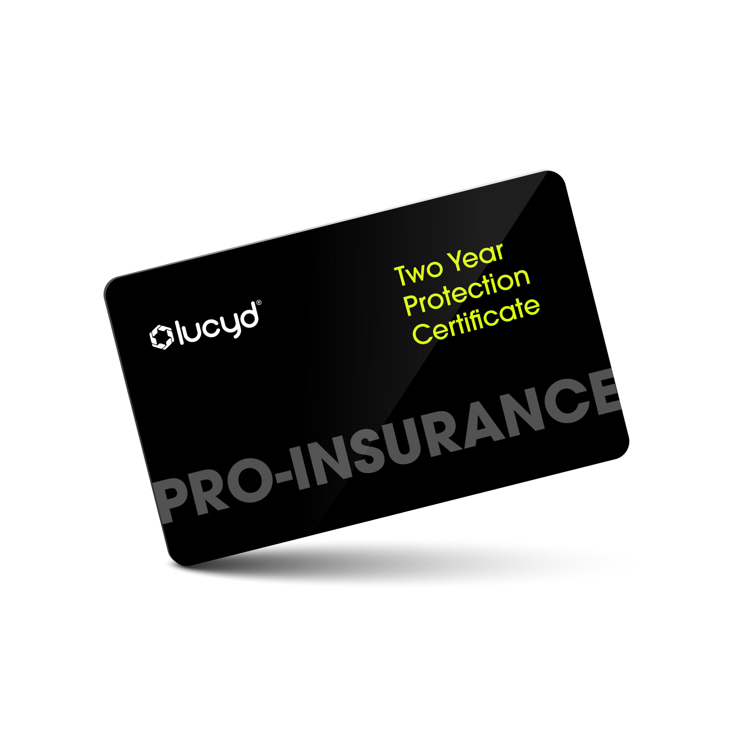 A black Insurance card titled "2 Years Insurance" features yellow and grey text, offering the brand's lenses and frame damage coverage, shown angled on a white background.