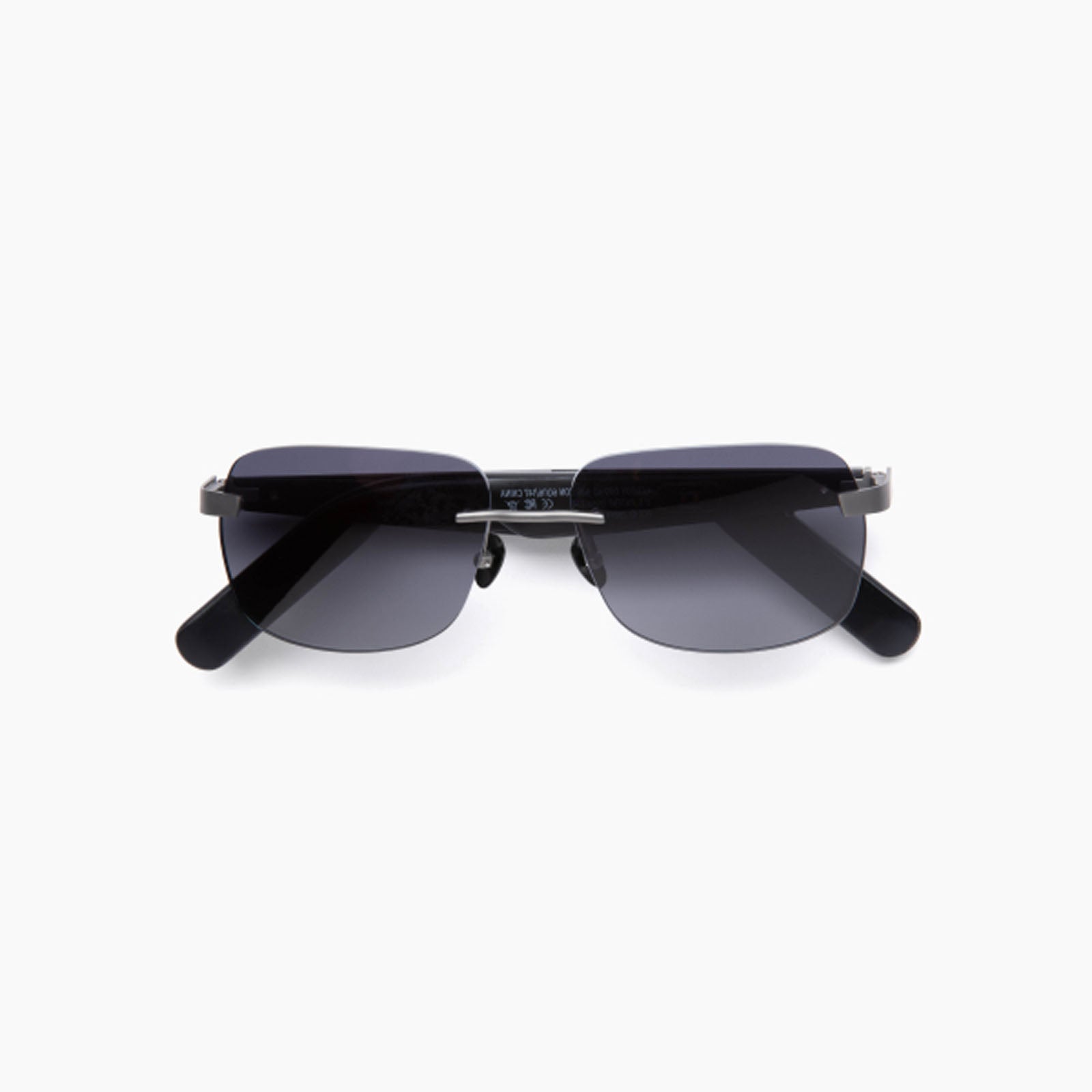 The Eddie Bauer Horizon rimless Bluetooth smart glasses feature rectangular, dark-tinted UV400 polarized lenses, black arms, and are shown on a white background.