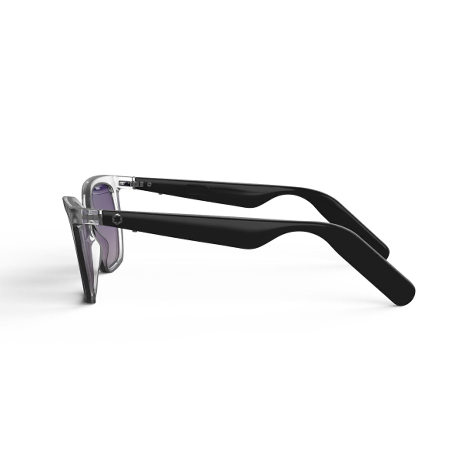 A side view of Lucyd's Moonrise women’s sunglasses with black, thick arms and clear frames on a white surface. The lenses display a subtle polarized purple gradient tint.