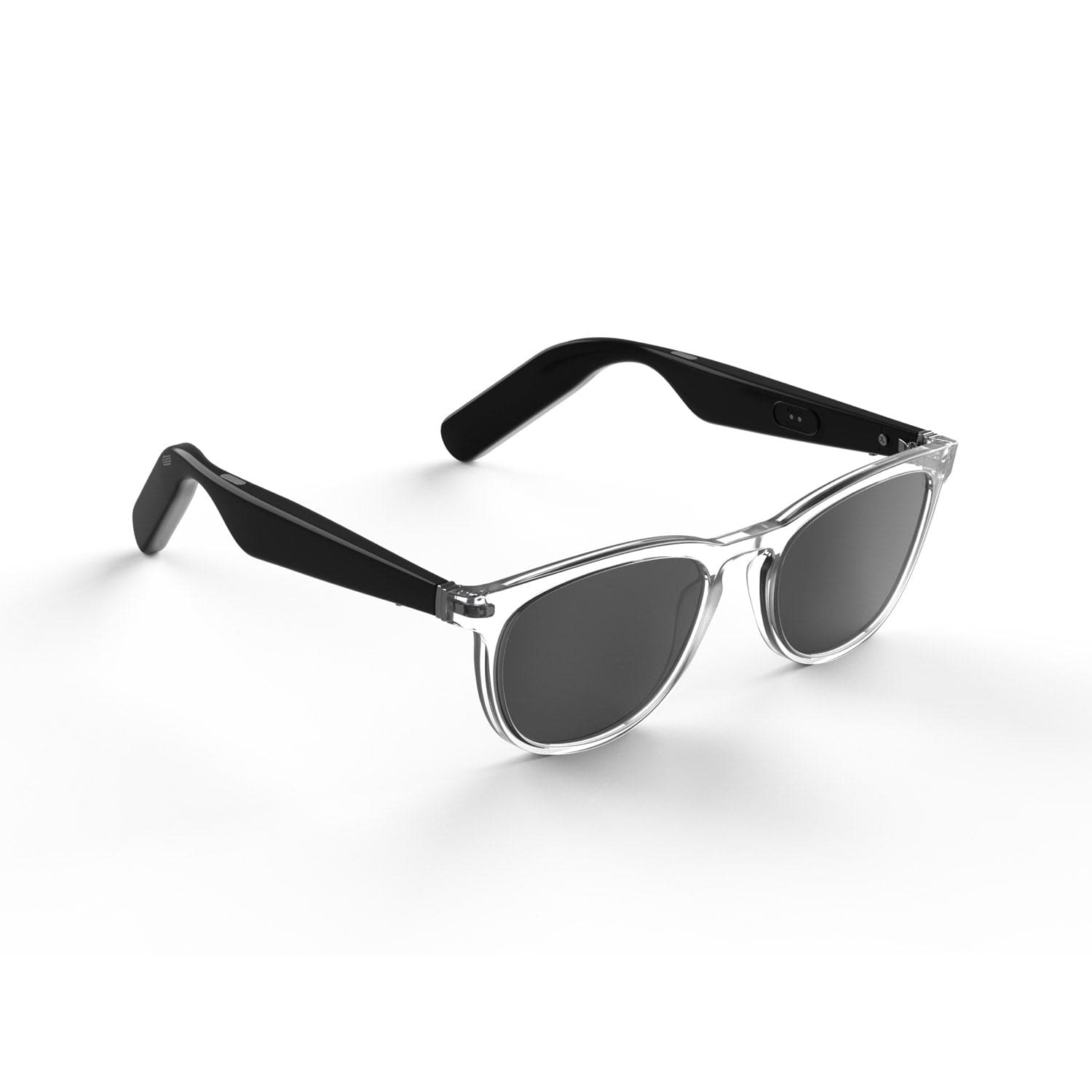 Lucyd Moonbeam smart glasses featuring clear frames, black arms, and dark lenses, showcased on a plain white background.