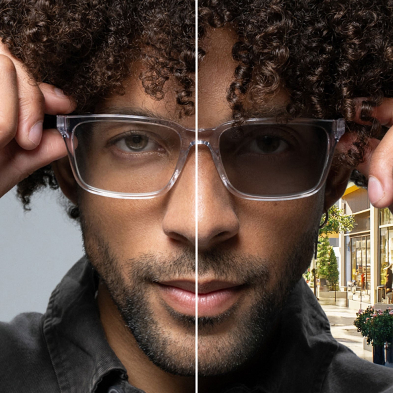 A man with curly hair and glasses holds Lucyd Eclipse frames near his face in a split image: the left shows clear auto-tinting lenses indoors, while the right displays darkened Eclipse lenses outdoors.