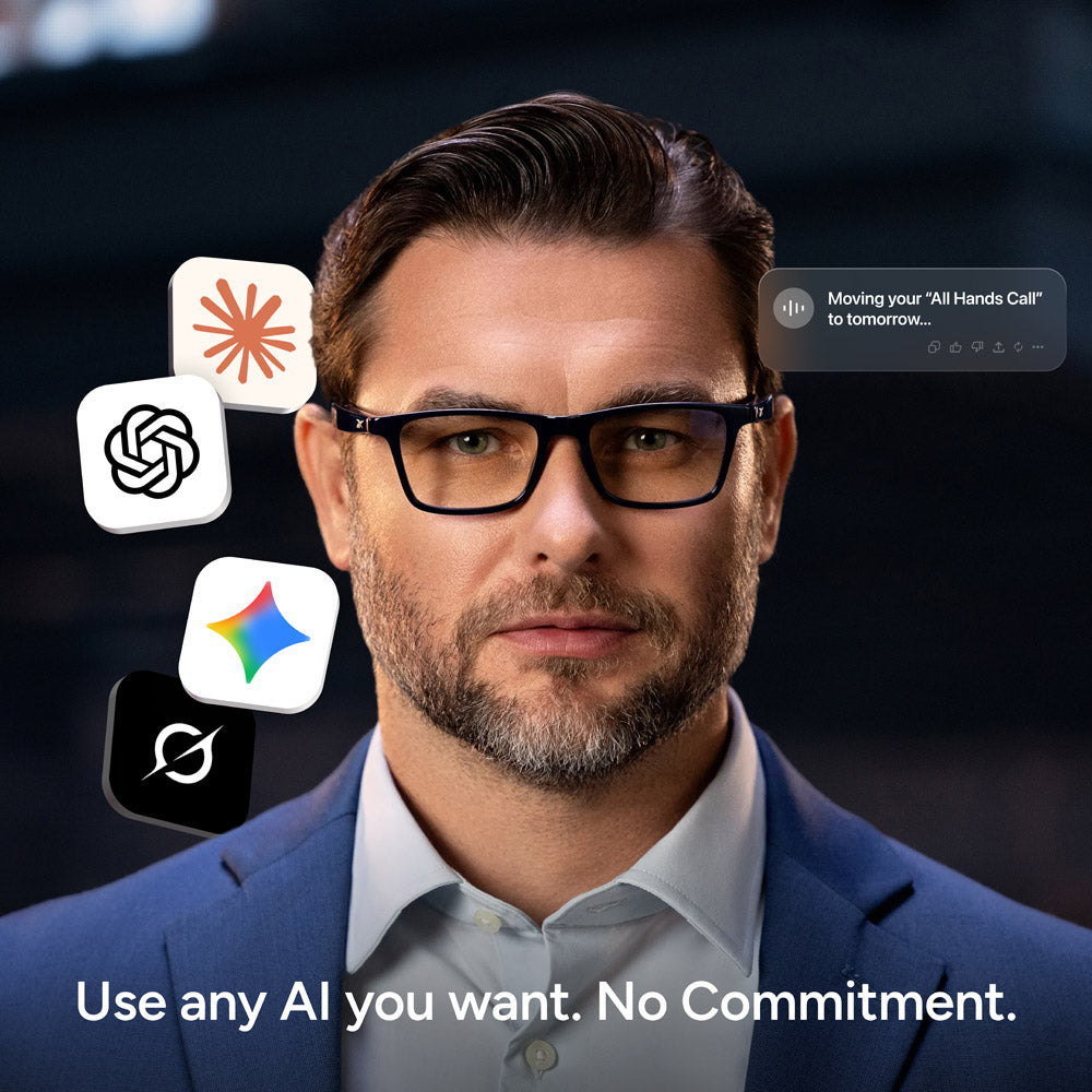 A man in Reebok Dash smart glasses and a suit stands before a dark background with AI app icons and a notification. Text below reads, Use any AI you want. No Commitment. Experience blue light protection for your eyes.