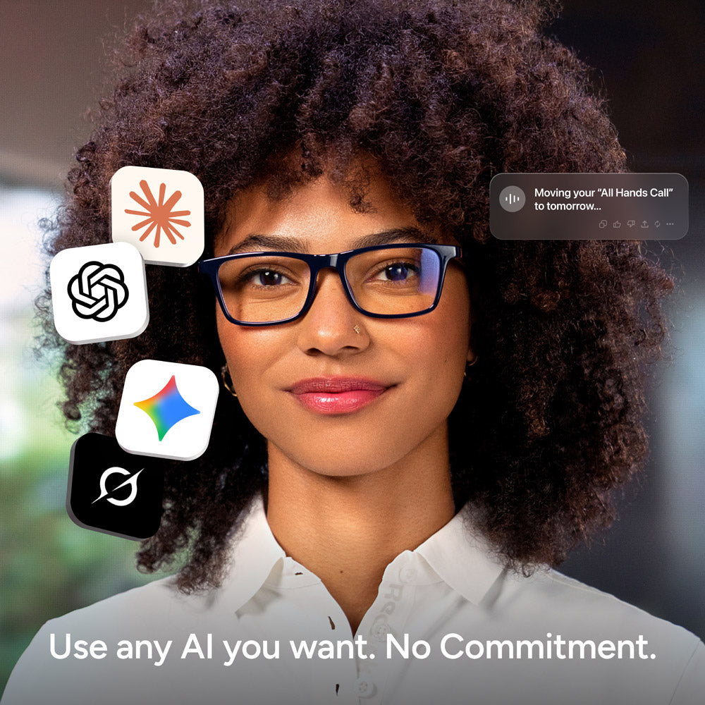 A woman with curly hair and glasses smiles, surrounded by floating AI app icons and a notification near her smart glasses. Text below reads: Try any AI with Reebok Dash. No Commitment.