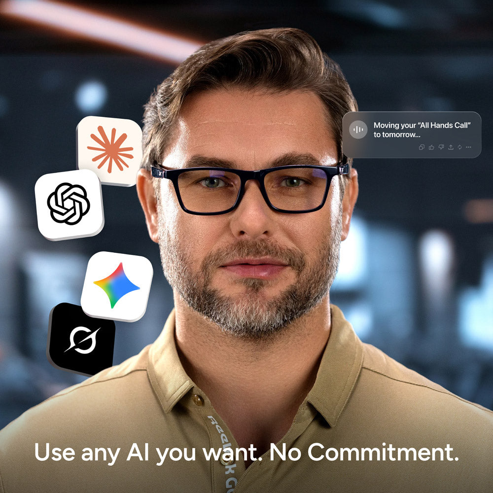 A man wearing Reebok Dash smart glasses stands before a blurred background, surrounded by floating AI app icons. Text at the bottom reads: Use any AI you want with Dash. No Commitment.