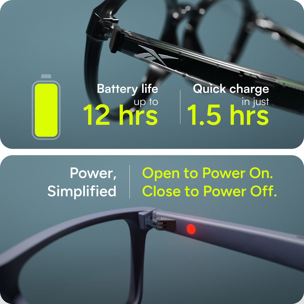 Image of Reebok Dash smart glasses with blue light protection and open-ear audio. Features: up to 12 hours battery, fast 1.5-hour charging, easy open-to-power-on/close-to-off, and a glowing red light for power status.