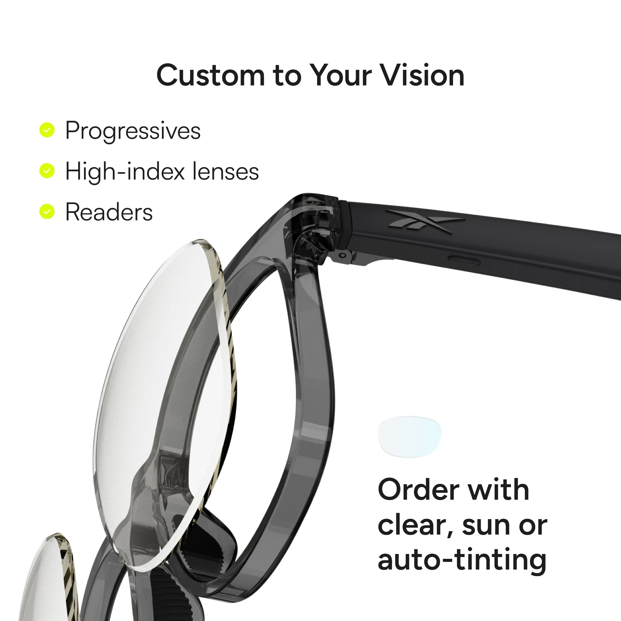 Close-up of Reebok Dash eyeglasses in black with one lens lifted, showing options for progressives, high-index lenses, readers, and smart glasses with open-ear audio. Order with clear, sun, or auto-tinting lenses.