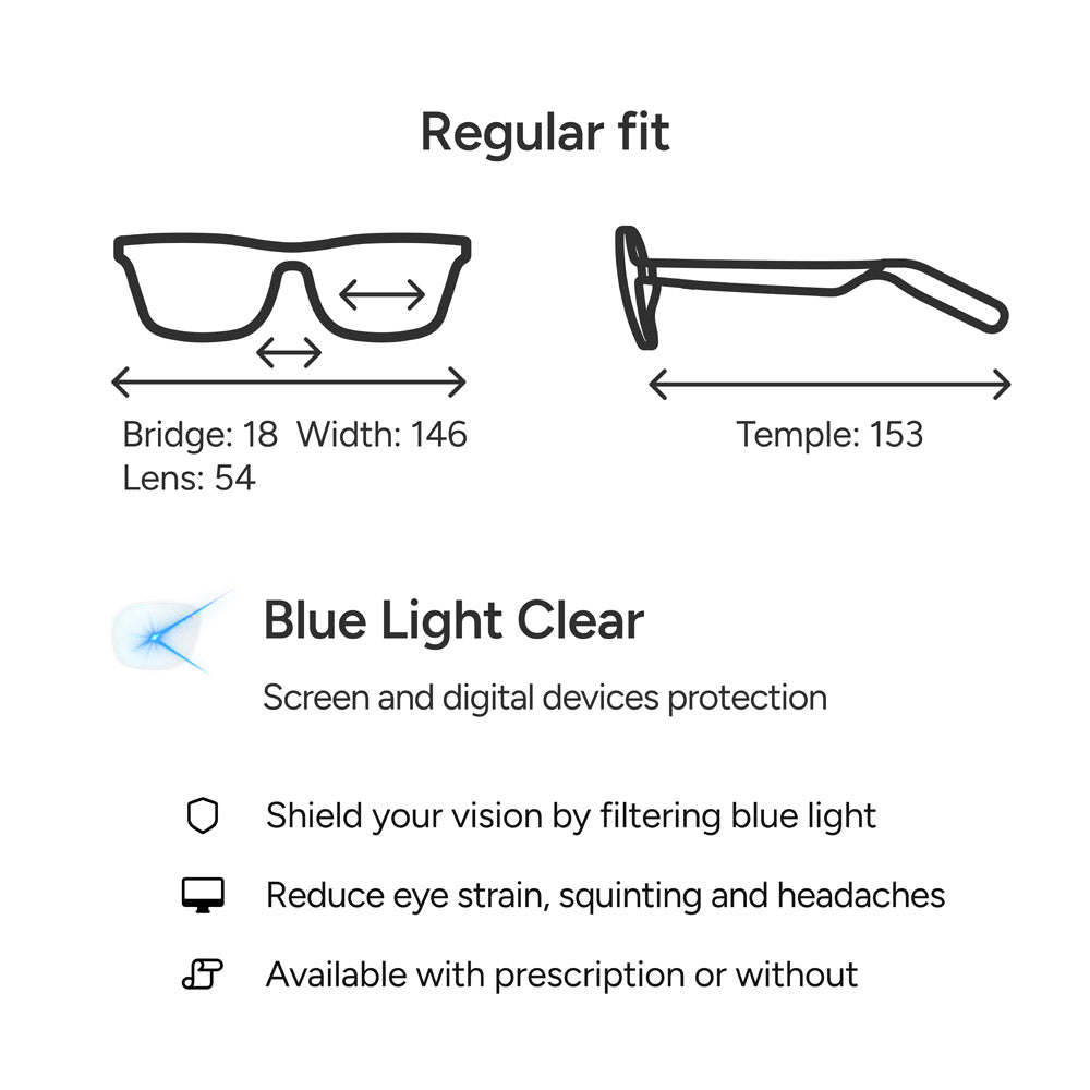 Diagram showing eyeglass measurements for Reebok Dash: bridge 18mm, width 146mm, lens 54mm, temple 153mm. Text highlights blue light protection, digital device safety, and prescription options. Icons illustrate features.