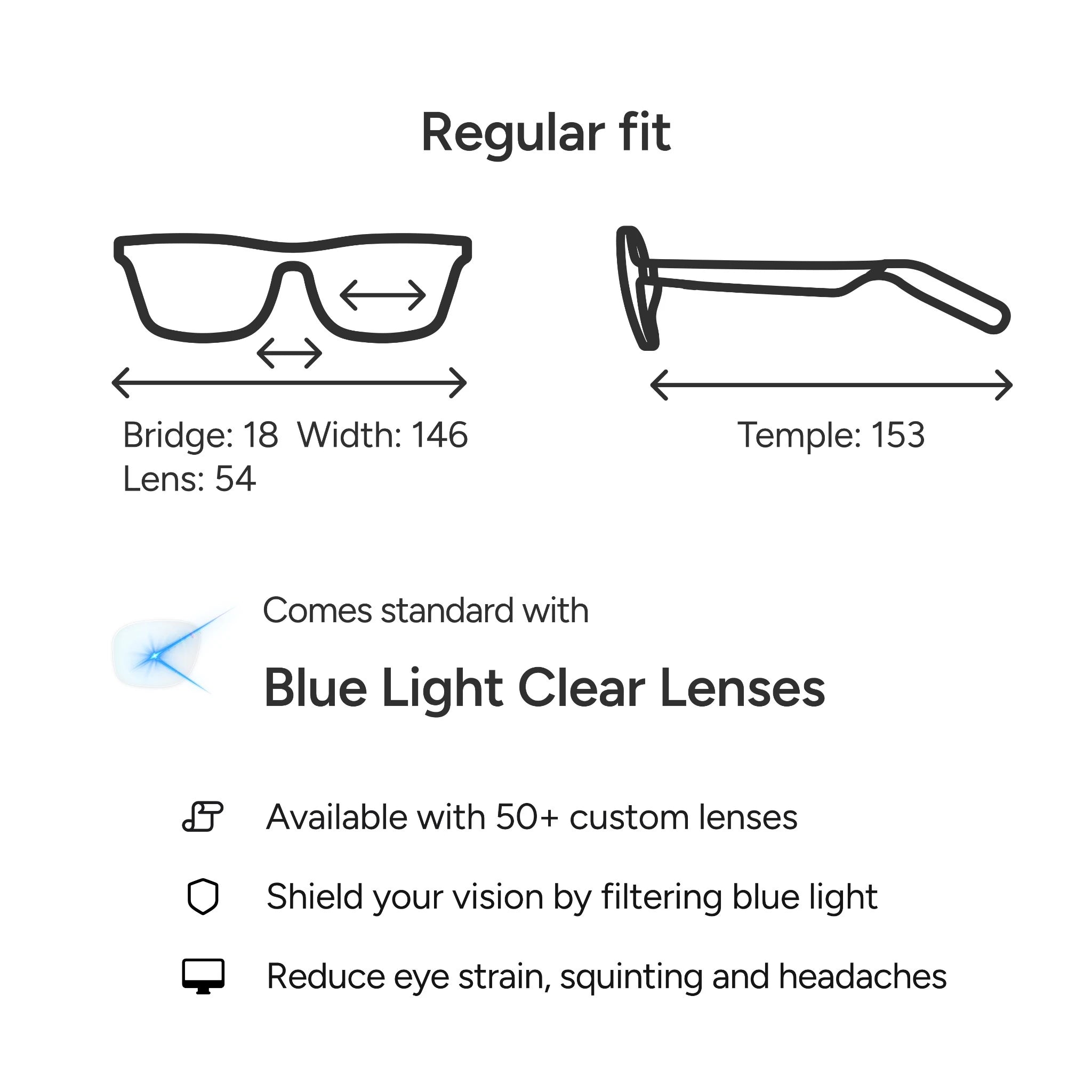 Diagram of Reebok Dash smart glasses: bridge 18mm, width 146mm, lens 54mm, temple 153mm. Features regular fit, blue light clear lenses to reduce eye strain, lens choices, and open-ear audio for privacy.
