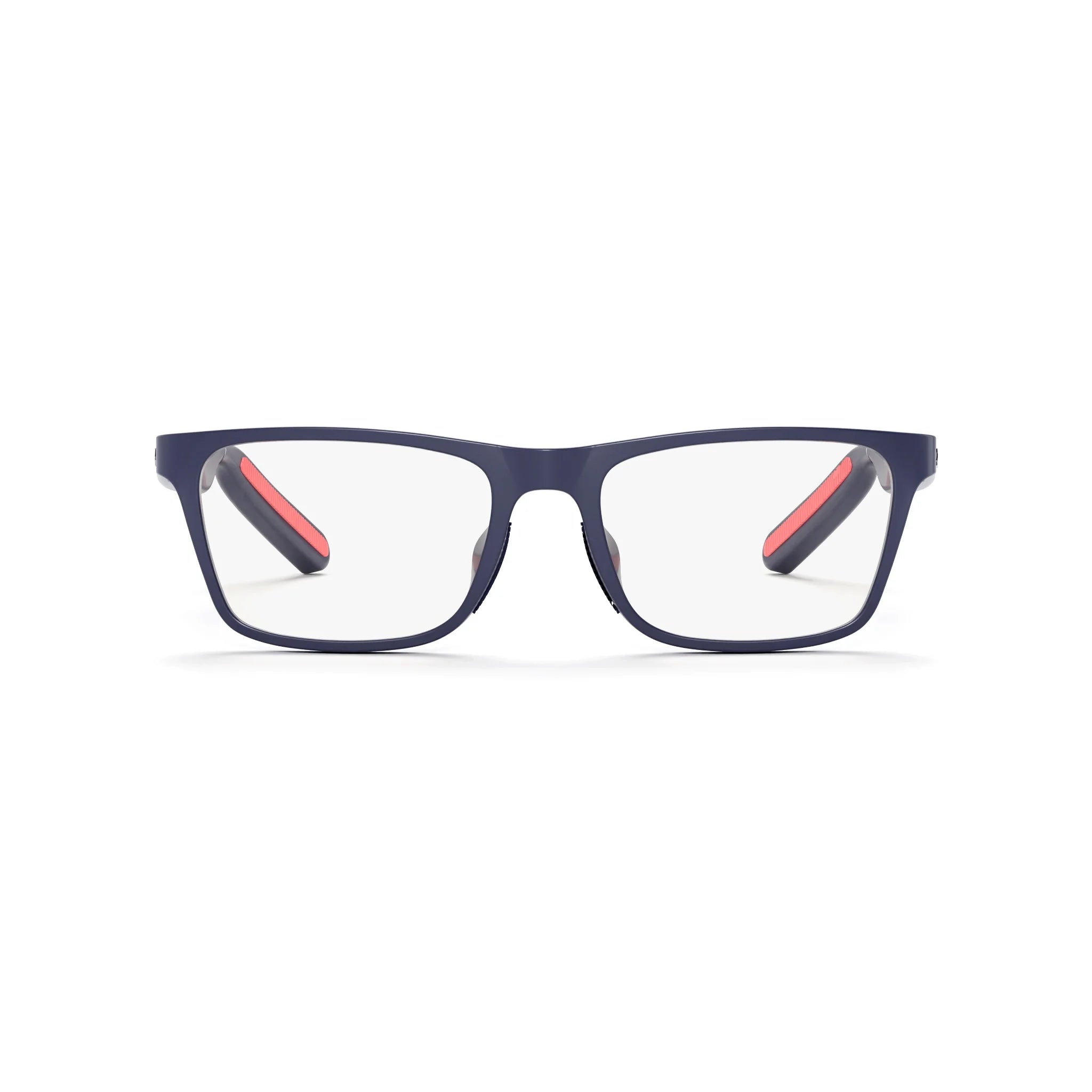 A pair of Reebok Dash rectangular smart glasses with a dark blue frame, clear lenses, and bold red inner arms. Built-in open-ear audio offers privacy. The glasses are centered on a white background.