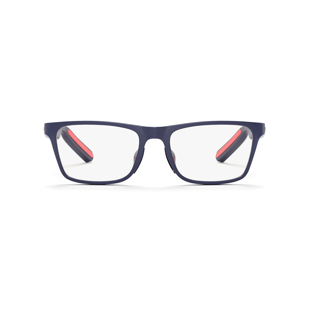 Reebok Dash: rectangular smart glasses with dark blue frames, clear lenses, and red on the inside arms for a two-tone look. Enjoy open-ear audio. Glasses are shown on a plain white background.